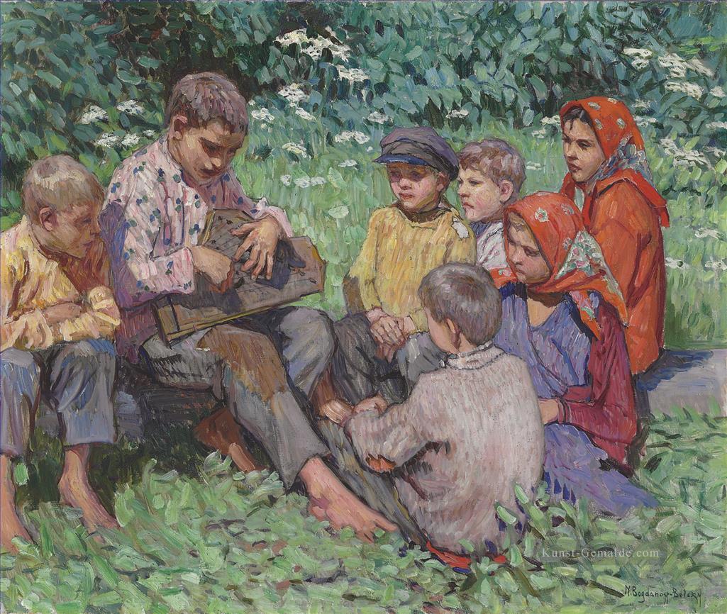 Der Zither Spieler Nikolay Bogdanov Belsky Kinder Kinder Impressionismus Ölgemälde